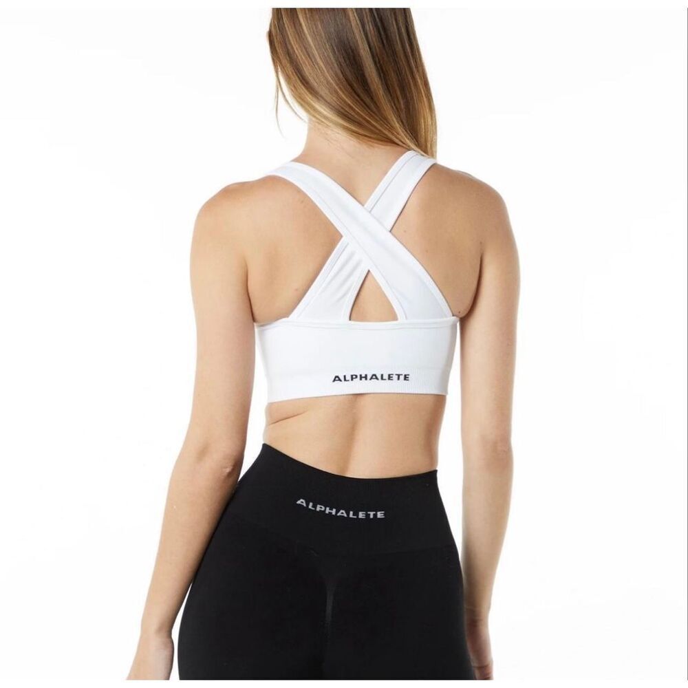 Alphalete Amplify Sports Bra White Criss Cross Back Longline Cinched Front S